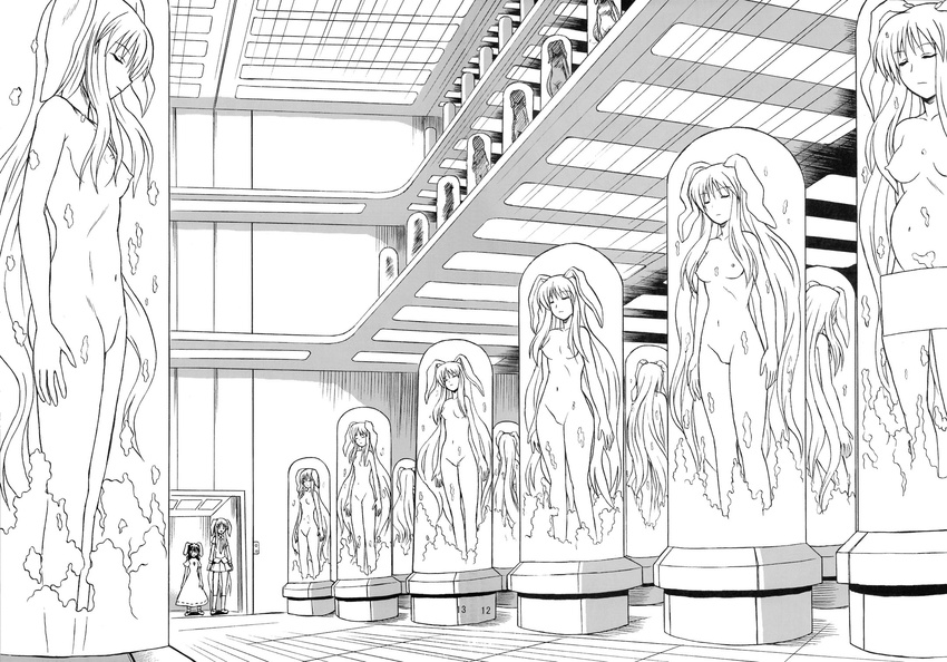 animal_ears breasts bunny_ears clone comic greyscale highres inaba_tewi long_hair monochrome multiple_girls necktie nipples nude pregnant reisen_udongein_inaba small_breasts takaku_toshihiko touhou very_long_hair