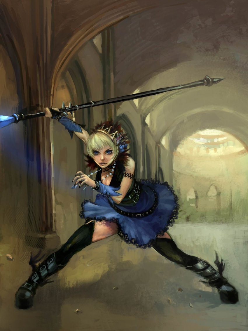 blue_eyes boots buckle crown dress fighting_stance gwendolyn highres jewelry odin_sphere oni-wan polearm ring short_dress short_hair solo spear thighhighs weapon white_hair