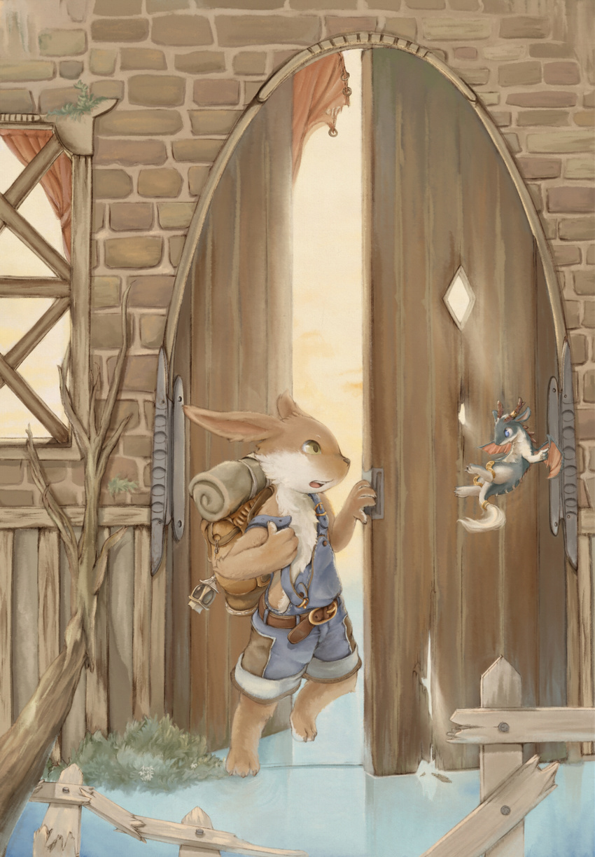 belt cub door dragon fantasy fence flying friends friendship hi_res lagomorph mammal rabbit sarusa1 scenery size_difference standing tree window wood young
