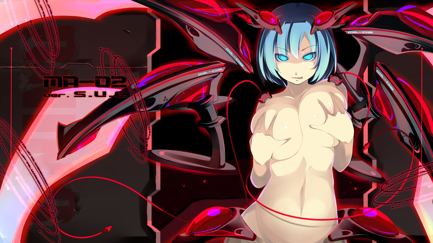 blue_hair breasts covering covering_breasts deep_skin highres huge_breasts licking_lips naughty_face navel nude original shiki_(psychedelic_g2) short_hair solo tongue tongue_out widescreen