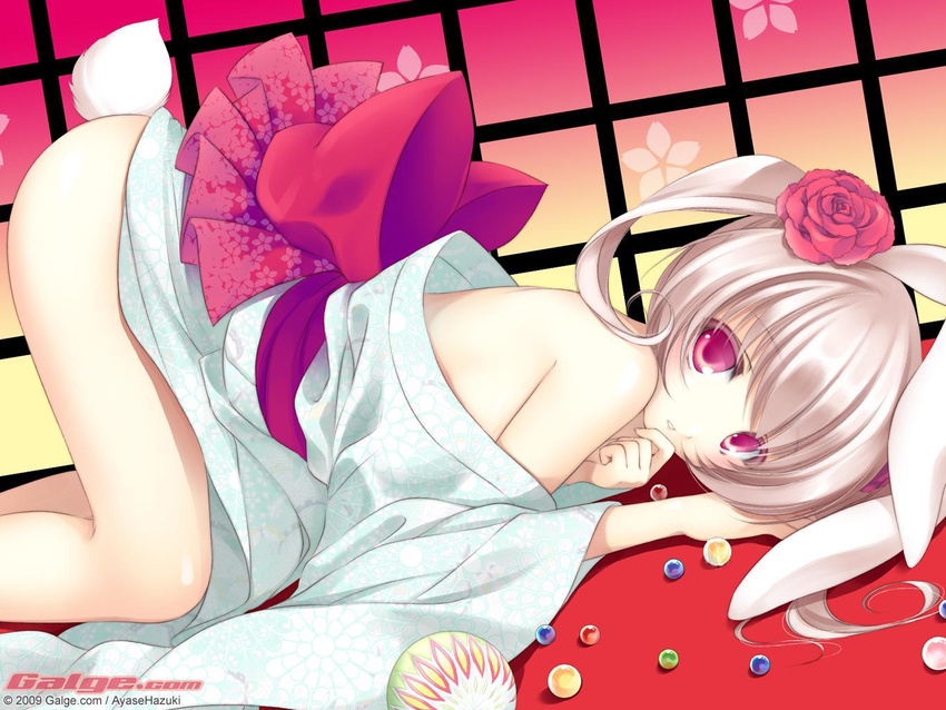 animal_ears ayase_hazuki blonde_hair bunny_ears censored colored_eyelashes eyelashes flower galge.com hair_flower hair_ornament japanese_clothes kimono looking_at_viewer marble no_panties pink_eyes solo tail third-party_edit top-down_bottom-up