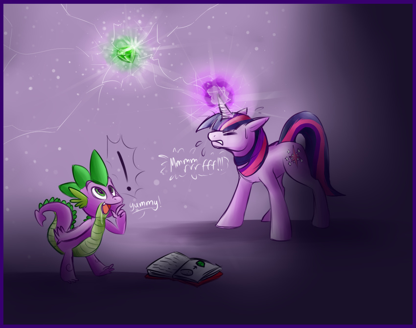 book dragon duo electricity equine female feral friendship_is_magic gem green_eyes hair horn horns horse magic male mammal my_little_pony pony scalie spike_(mlp) twilight_sparkle_(mlp) two_tone_hair unicorn unknown_artist