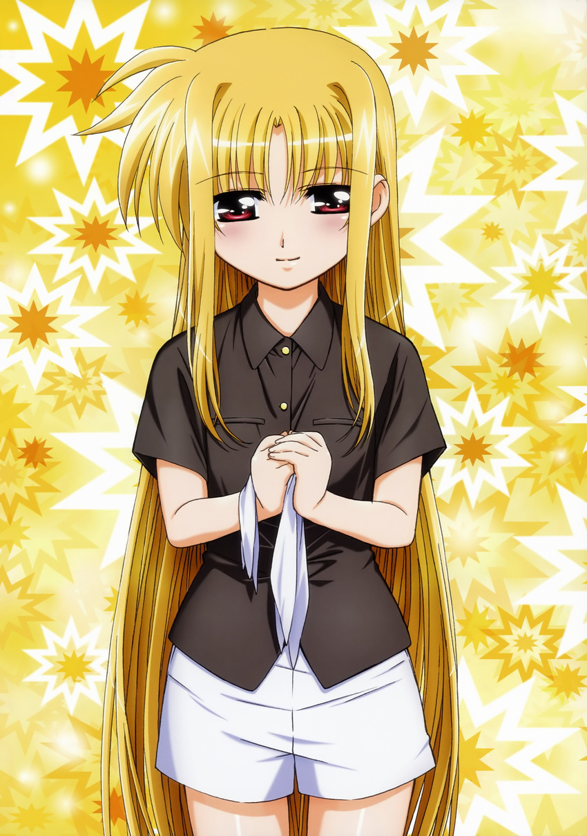 absurdres blonde_hair fate_testarossa hair_down highres long_hair lyrical_nanoha mahou_shoujo_lyrical_nanoha mahou_shoujo_lyrical_nanoha_the_movie_1st non-web_source okuda_yasuhiro red_eyes shorts smile solo very_long_hair