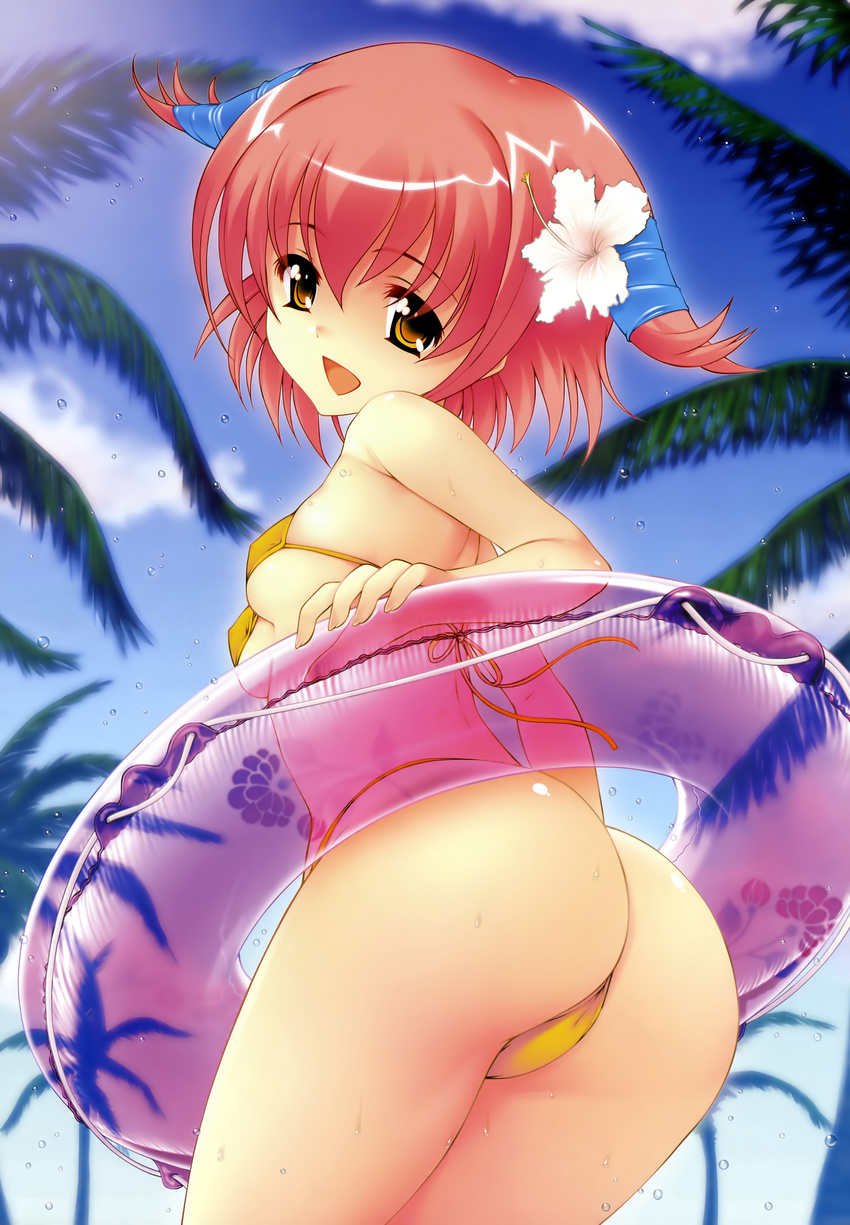 absurdres artist_request ass bikini day dengeki_hime flower hair_flower hair_ornament hibiscus highres innertube looking_at_viewer looking_back open_mouth palm_tree panties pink_hair short_hair sky swimsuit thong thong_bikini tree underwear wet yellow_eyes