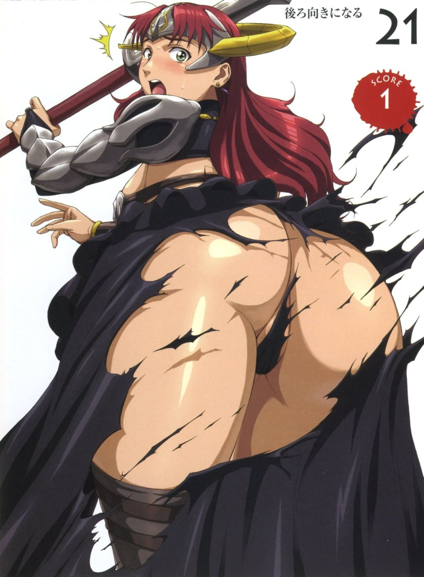 1girl armor ass blush breasts bridal_gauntlets claudette_(queen's_blade) gloves green_eyes helmet highres large_breasts looking_back nigou open_mouth panties partially_visible_vulva queen's_blade red_hair solo sword tearing_clothes torn_clothes underwear weapon