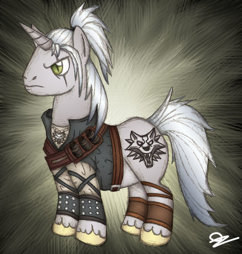 crossover cutie_mark equine fur geralt_of_rivia hair horn horse long_hair male mammal my_little_pony ozone48 parody ponification pony solo the_witcher unicorn unknown_artist unknown_pony