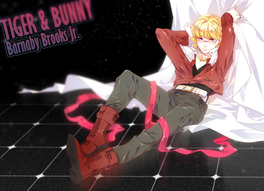 barnaby_brooks_jr belt blonde_hair boots curtains glasses jacket male_focus red_jacket ribbon siruphial solo studded_belt tiger_&amp;_bunny