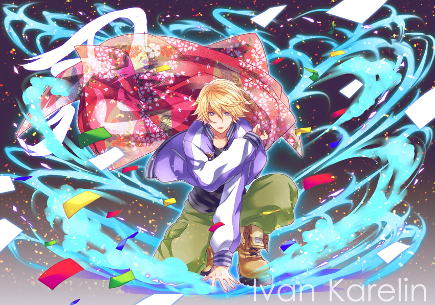 blonde_hair blue_eyes boots ivan_karelin jacket letterman_jacket male_focus purple_jacket riku-69 solo tiger_&amp;_bunny