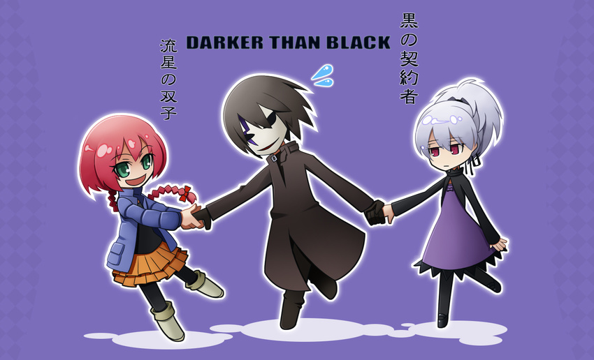 black_hair braid chibi darker_than_black dress gloves green_eyes happy hei mask pantyhose red_eyes silver_hair single_braid skirt smile suou_pavlichenko sweat trench_coat trenchcoat yin