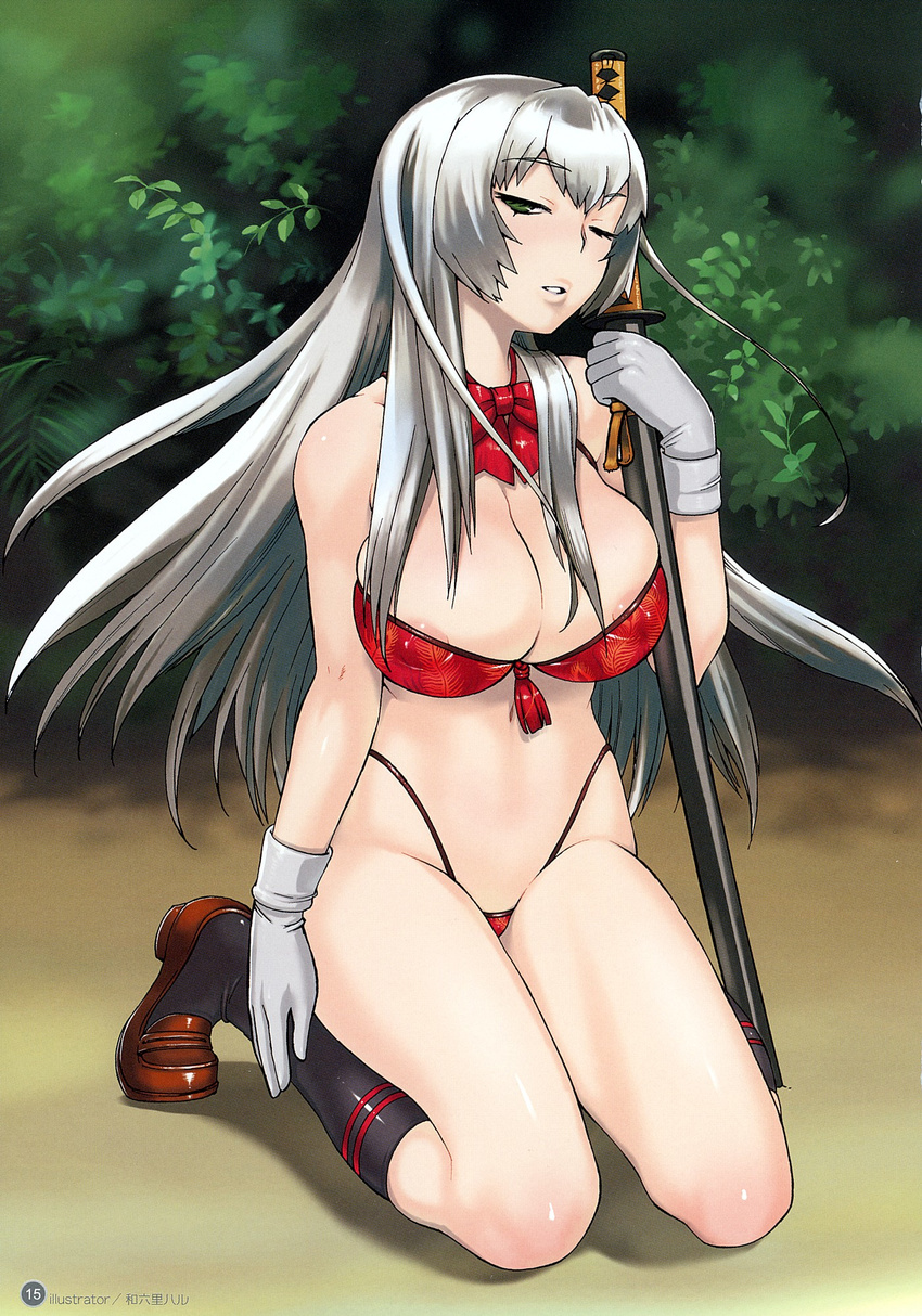 areolae artbook bikini bow breasts chouun_shiryuu cleavage fanbook gloves green_eyes highleg highleg_bikini highleg_swimsuit highres ikkitousen ikkitousen_dragon_destiny kneehighs kneeling large_breasts long_hair naughty_face official_art one_eye_closed scan silver_hair socks solo swimsuit sword wamusato_haru weapon