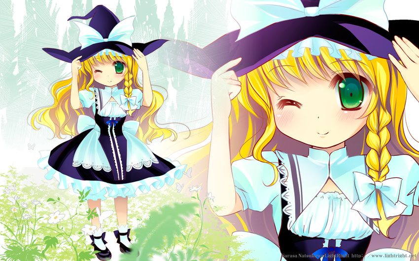 bad_id bad_pixiv_id blonde_hair blush braid bug butterfly child dress field flower flower_field green_eyes hand_on_headwear hat highres insect kirisame_marisa natsukawa_sarasa one_eye_closed purple_dress smile solo standing touhou tree witch_hat