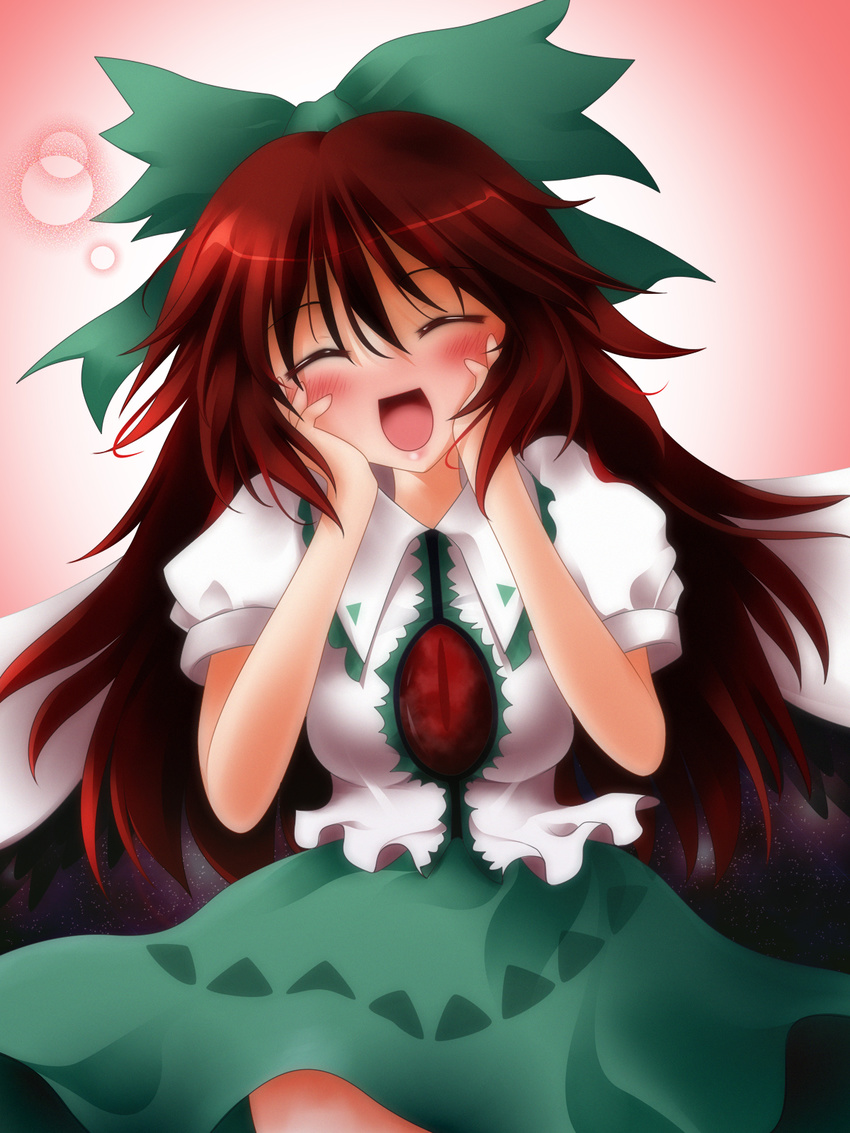 ^_^ blush bow brown_hair bunchin_(siso_junzy) cape closed_eyes green_bow hair_bow hands_on_own_face highres long_hair open_mouth reiuji_utsuho skirt smile solo third_eye touhou wings