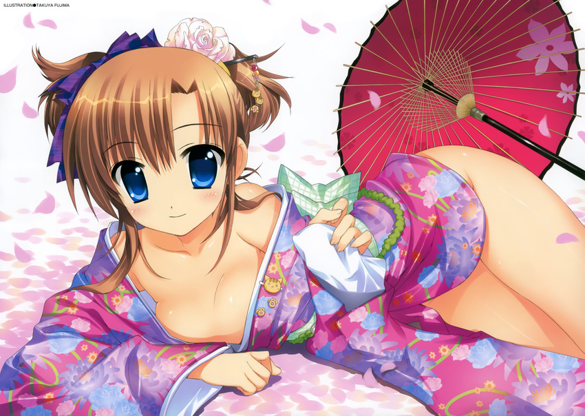 1girl absurdres bare_shoulders blue_eyes bottomless breast_press breasts cleavage copyright_request fixed fujima_takuya highres japanese_clothes kimono lying nopan on_side open_clothes open_kimono red_hair solo