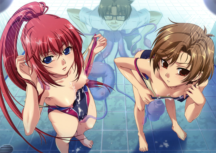 about_to_be_raped blue_eyes brown_eyes brown_hair gitai_saimin hypnosis invisible_man mind_control mizugi murakoshi_shinta nipples one-piece_swimsuit oppai red_hair shirayama_akari shower tentacles tsushima_haruka undressing water wet yoshino_keiko