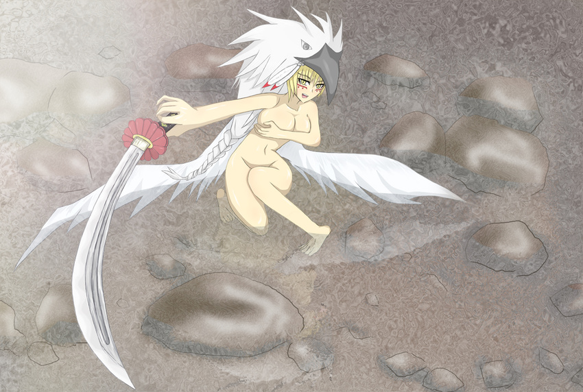 1girl bare_shoulders barefoot blonde_hair braid breasts collarbone covering covering_breasts duel_monster facial_mark feathers feet female guardian_eatos hair_between_eyes headdress hips holding kneeling legs looking_at_viewer mound_of_venus navel nude nude_cover open_mouth outstretched_arm rock short_hair solo sword weapon wings yellow_eyes yu-gi-oh! yuu-gi-ou_duel_monsters