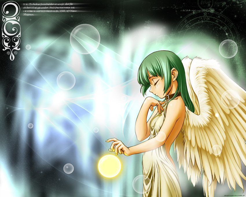 closed_eyes collar green_hair light original solo tomomimi_shimon wallpaper wings