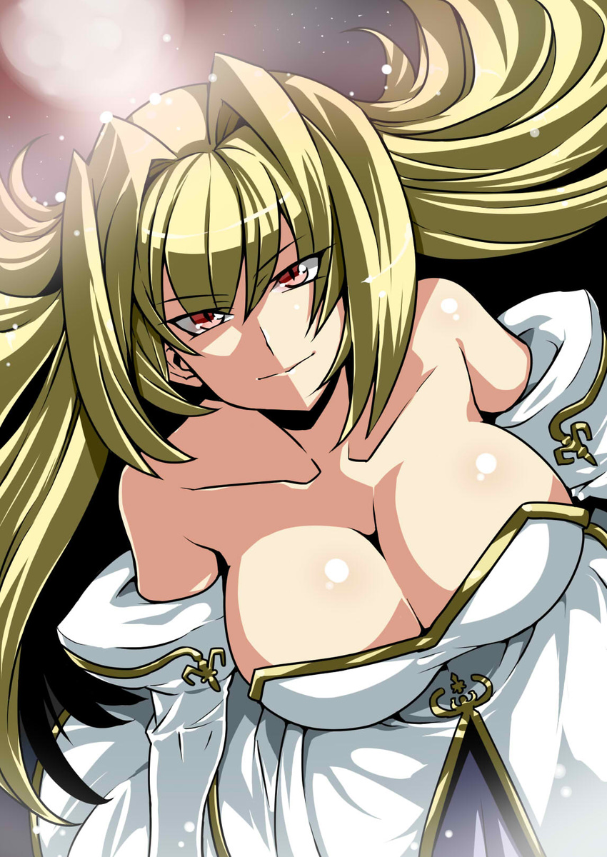 archetype_earth arcueid_brunestud bare_shoulders blonde_hair breasts cleavage detached_sleeves dress full_moon highres large_breasts long_hair moon red_eyes smile solo strapless strapless_dress tsuki_wani tsukihime very_long_hair