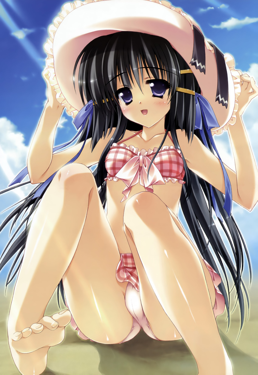 1girl absurdres barefoot beach bikini black_hair blue_eyes blush dengeki_hime feet fixed hair_ornament hairclip hat highres hinamatsuri_touko imouto_smile kitasato_touka long_hair midriff mizugi ribbon solo swimsuit