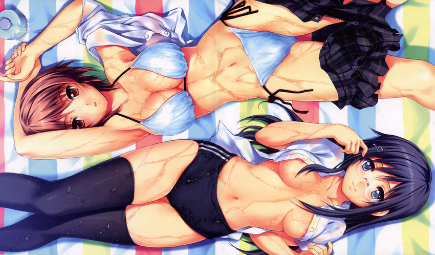 2girls absurdres areolae bikini black_legwear bloomers breasts buruma chitose_mayumi cleavage coffee-kizoku dress_shirt glasses gym_uniform hair_ornament hairpin highres houkago_no_senpai huge_filesize long_hair lying megane misaki_sayoko mizugi multiple_girls navel no_bra oil open_clothes open_shirt plaid plaid_skirt scan school_uniform shirt short_hair side-tie_bikini skirt skirt_pull swimsuit thighhighs undressing wet