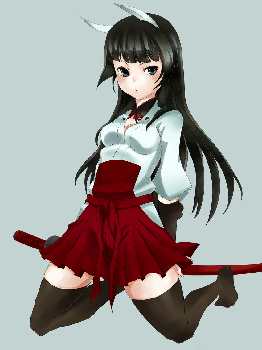 anabuki_tomoko animal_ears bad_id bad_pixiv_id black_eyes black_hair black_legwear blush highres japanese_clothes karaage89 katana kneeling long_hair simple_background solo sword thighhighs weapon world_witches_series zettai_ryouiki