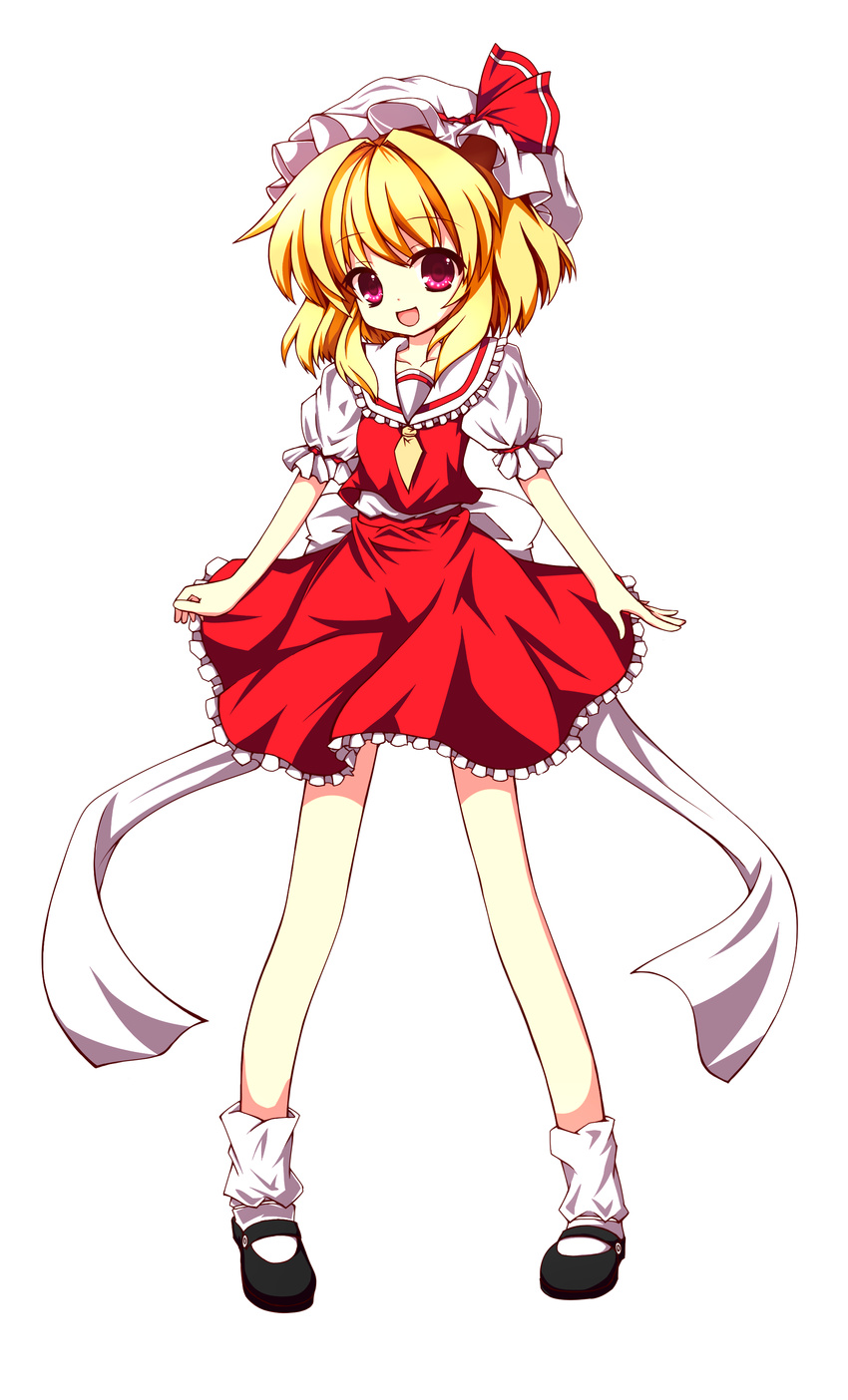 absurdres arms_at_sides back_bow bad_id bad_pixiv_id bare_legs blonde_hair bobby_socks bow dress flandre_scarlet frills full_body happy hat highres kuromari_(runia) mary_janes mini_necktie necktie no_wings red_eyes ribbon shoes short_hair socks solo touhou white_legwear yellow_neckwear