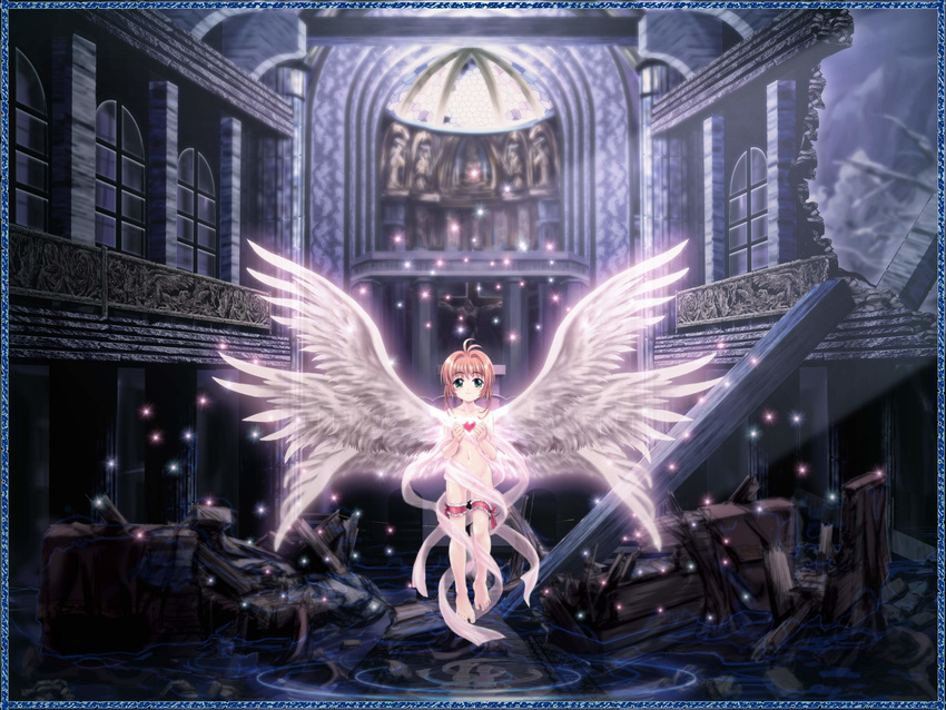 cardcaptor_sakura christmas church highres kinomoto_sakura mutsuki_(moonknives) naked_ribbon ribbon ruins solo wings