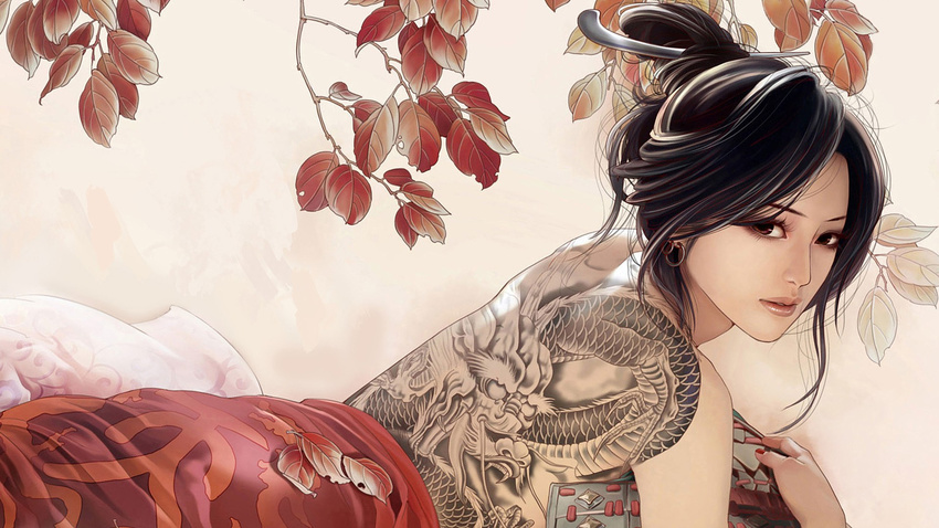 back back_tattoo black_hair dragon dragon_tattoo earrings eastern_dragon full_body_tattoo hair_ornament highres jewelry jian_xia_qing_yuan jian_xia_qing_yuan_online_3 leaf lips lying naked_sheet non-web_source official_art on_stomach realistic solo tattoo topless wallpaper zhang_xiaobai