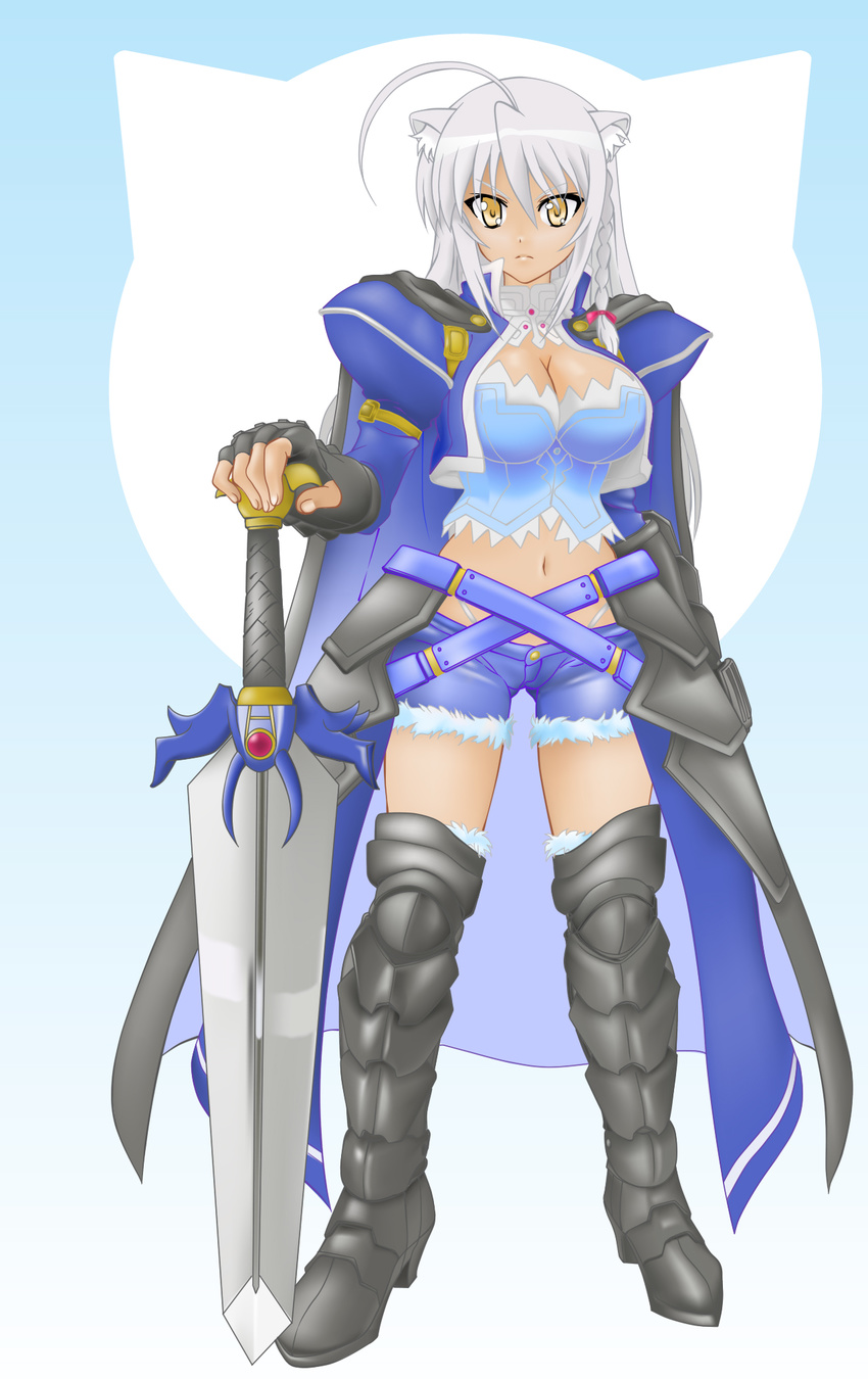 ahoge animal_ears armor breasts cape cat_ears cleavage denim denim_shorts dog_days female fingerless_gloves full_body gloves gradient gradient_background highres large_breasts leonmitchelli_galette_des_rois long_hair midriff navel shorts solo sword weapon white_hair yellow_eyes