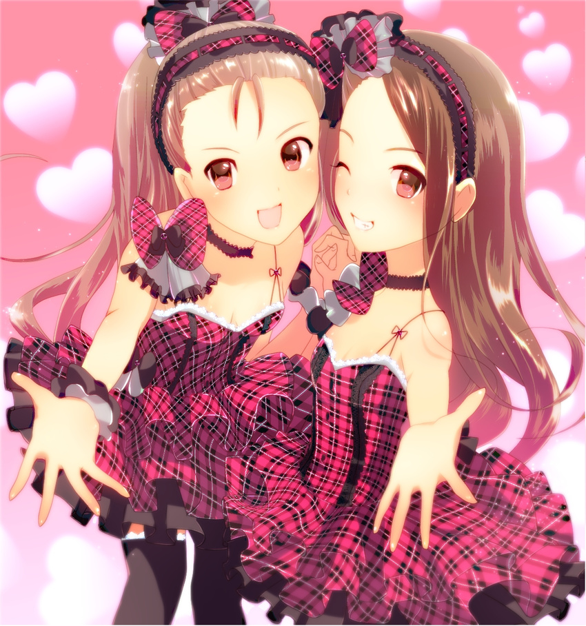 :d bare_shoulders black_legwear bow breasts brown_hair choker cleavage dress dual_persona grin hair_bow hair_ornament hairband heart heart_background highres idolmaster idolmaster_(classic) interlocked_fingers long_hair looking_at_viewer minase_iori multiple_girls one_eye_closed open_mouth outstretched_arm paruru_(loooooper) petticoat plaid plaid_bow plaid_dress sleeveless sleeveless_dress smile spaghetti_strap thighhighs wrist_cuffs