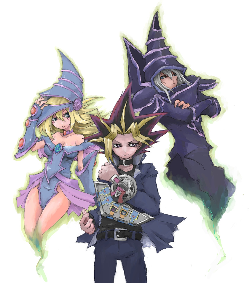 adjusting_hat bare_shoulders black_magician_girl blonde card choker dark_magician dark_magician_girl detached_sleeves yami_yuugi yugioh