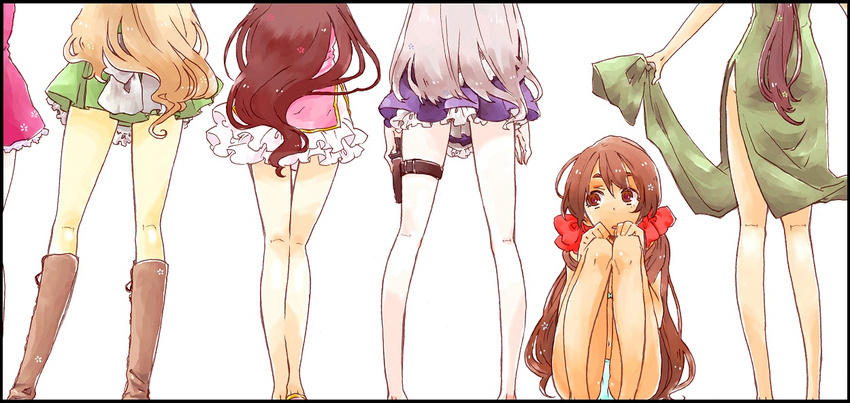 adapted_costume alternate_costume apron axis_powers_hetalia bare_legs belarus_(hetalia) bikini boots border brown_eyes chinese_clothes cross-laced_footwear dark_skin flower frilled_skirt frills from_behind hair_ribbon holster hungary_(hetalia) kneepits knees_touching knife leg_hug legs liechtenstein_(hetalia) long_hair long_legs miniskirt multiple_girls open_mouth pale_skin ponytail ribbon seychelles_(hetalia) silver_hair simple_background sitting skirt skirt_lift standing swimsuit taiwan_(hetalia) tama_(mgml) thigh_holster thighs twintails underwear very_long_hair vietnam_(hetalia) vietnamese_dress weapon white_background