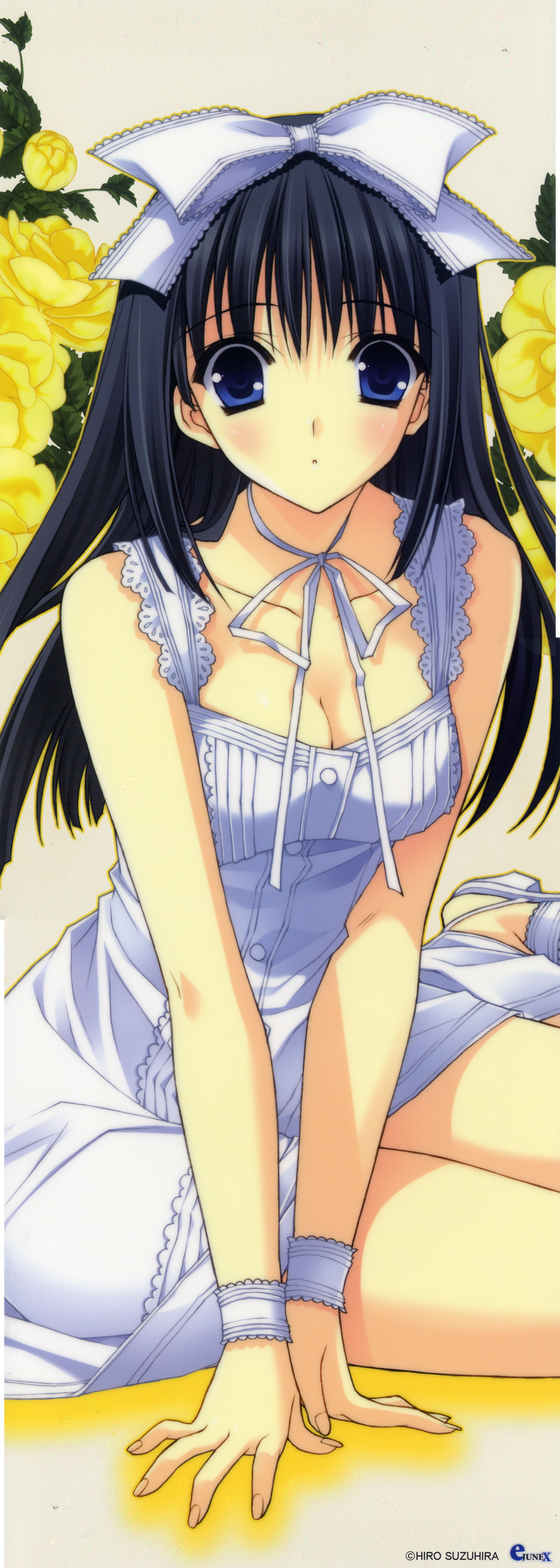 absurdres black_hair blue_eyes bow breasts cleavage copyright_request dress flower hair_bow hair_ribbon highres huge_filesize long_image medium_breasts ribbon sitting solo stick_poster suzuhira_hiro tall_image wristband