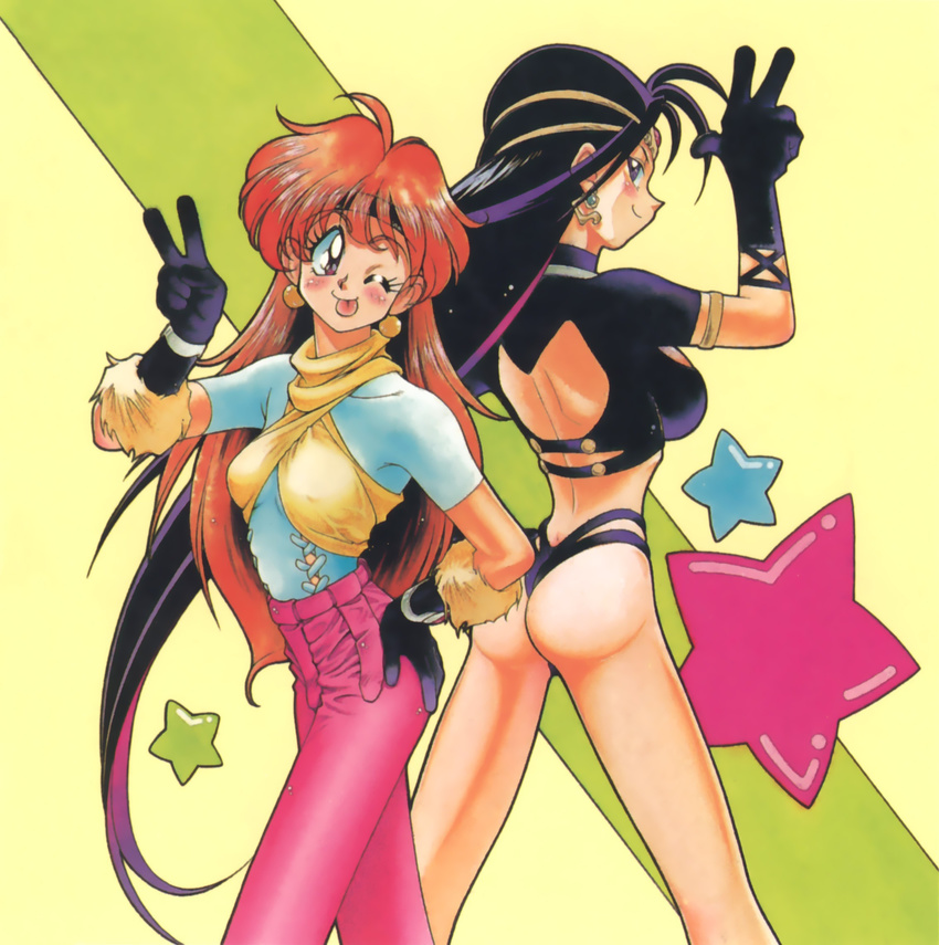 90s :p araizumi_rui armlet ass backless_outfit breasts covered_nipples crop_top earrings gloves hand_on_hip headband highres jewelry lina_inverse medium_breasts multiple_girls naga_the_serpent one_eye_closed panties pants purple_hair red_eyes red_hair revealing_clothes sideboob slayers star thong tongue tongue_out underwear