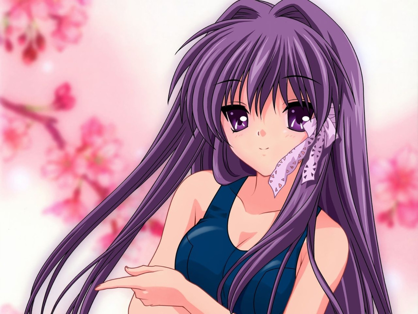 clannad fujibayashi_kyou hair_ribbon high_res long_hair mizugi purple_eyes purple_hair smile swimwear tagme wallpaper