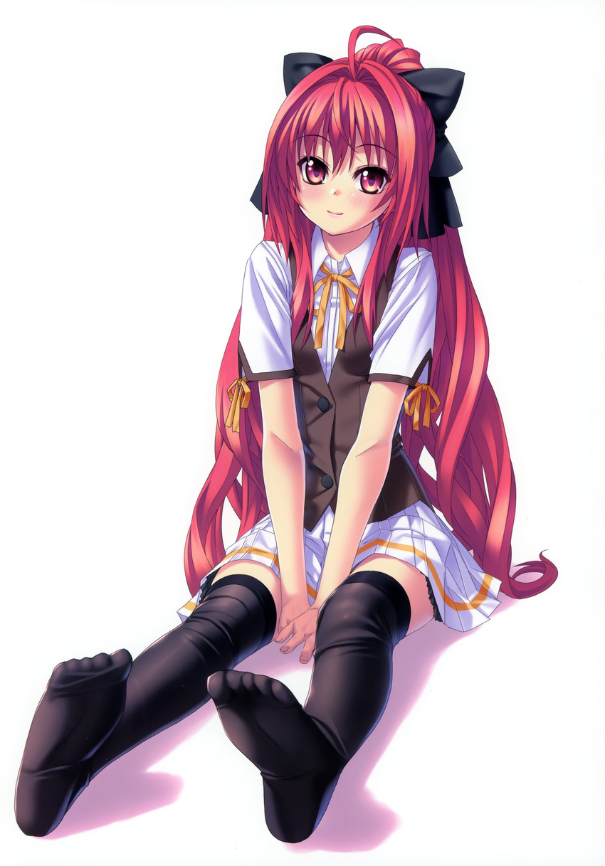 absurdres ahoge black_legwear blush bow corticarte_apa_lagranges feet hair_bow highres kannatsuki_noboru legs long_hair red_eyes red_hair school_uniform serafuku shinkyoku_soukai_polyphonica sitting smile solo thighhighs zettai_ryouiki