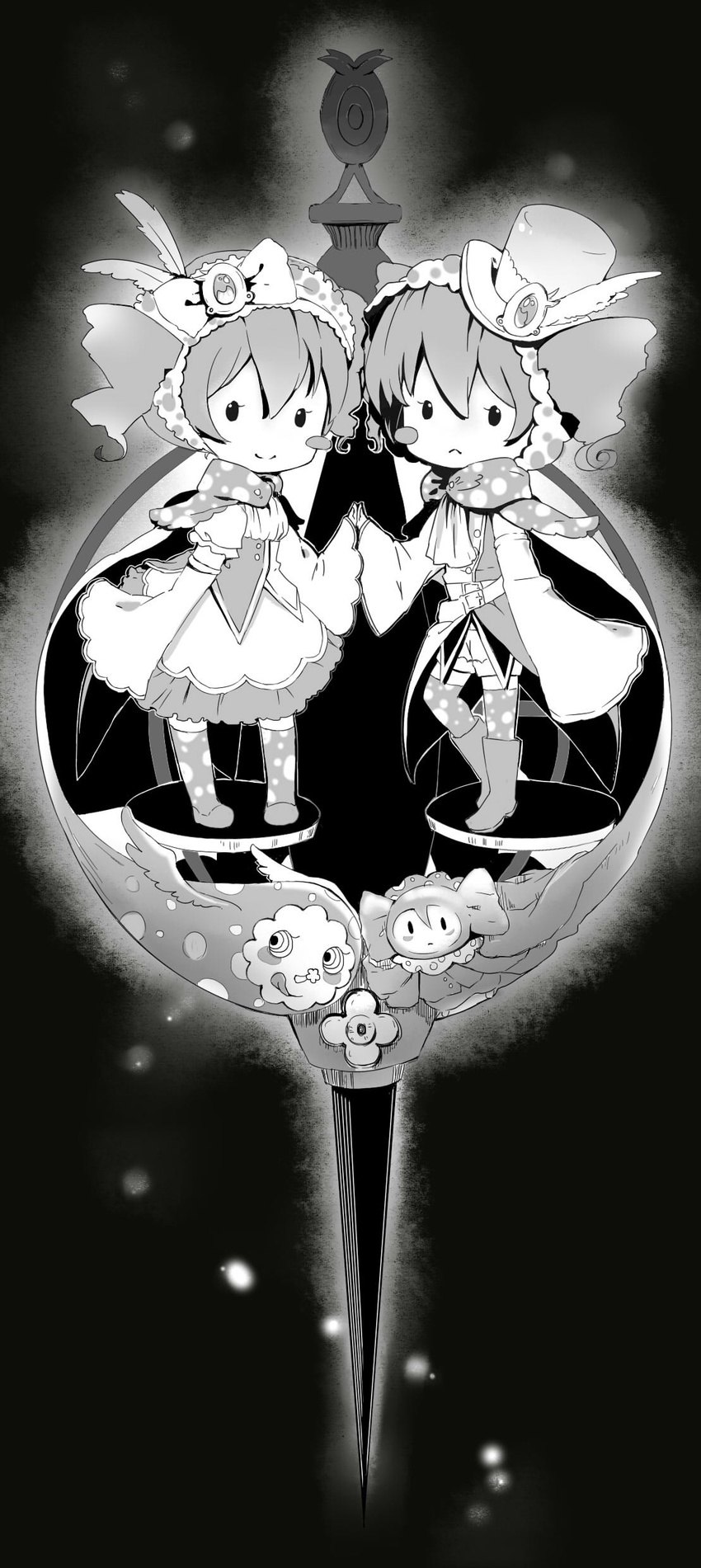 androgynous ascot boots bow cape charlotte_(madoka_magica) detached_sleeves eyelashes greyscale grief_seed hair_bow hat highres mahou_shoujo_madoka_magica monochrome multiple_persona no_nose personification symmetry thighhighs top_hat twintails watery_s