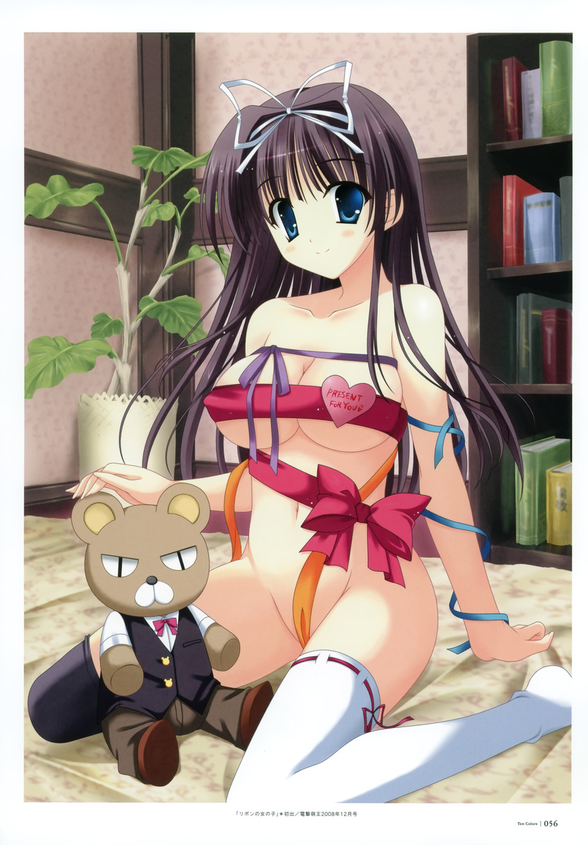 absurdres black_hair blue_eyes blush book bookshelf breasts cleavage copyright_request english hair_ribbon heart highres large_breasts naked_ribbon naruse_mamoru no_bra no_panties nude plant potted_plant ribbon ribbon-trimmed_legwear ribbon_trim sitting stuffed_animal stuffed_toy teddy_bear thighhighs wariza white_legwear |_|