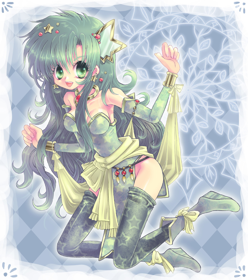 :d ahoge boots bow checkered checkered_background choker earrings final_fantasy final_fantasy_iv full_body green_eyes green_footwear green_hair green_legwear green_leotard green_sarong hair_ornament hairpin happy highres jewelry kneeling leotard long_hair messy_hair open_mouth ribbon rydia sarong smile solo star thighhighs zaido