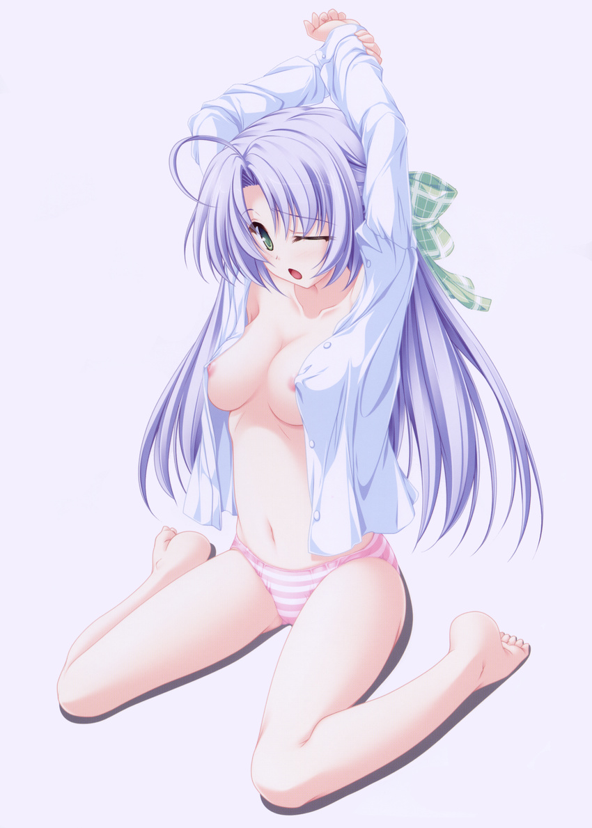 ;o ahoge alicia_infans arms_up barefoot bow breasts cleavage dress_shirt full_body green_eyes hair_bow highres magus_tale medium_breasts nipple_slip nipples no_pants one_eye_closed open_clothes open_shirt panties pink_panties plaid plaid_bow plantar_flexion purple_hair scan shirt sitting solo stretch striped striped_panties tenmaso underwear wariza