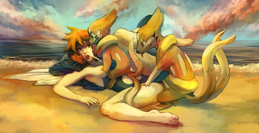 blue_eyes breasts buizel cloud clouds cum cum_on_face cumshot facial female feral floatzel group group_sex hair human interspecies male mammal misty multiple_tails nintendo nipples ocean one-piece_swimsuit orange_hair orgasm penis pok&#233;mon pok&#233;philia pok&eacute;mon pokephilia purplekecleon pussy saliva sand sea seaside sex sky spread_legs spreading straight sunset swimsuit threesome titfuck tongue tongue_out twin_tails twintails vaginal video_games water wave waves