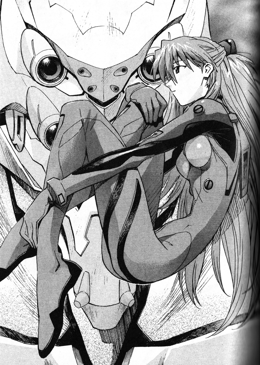 absurdres comic greyscale highres long_hair monochrome neon_genesis_evangelion official_art plugsuit sadamoto_yoshiyuki scan solo souryuu_asuka_langley