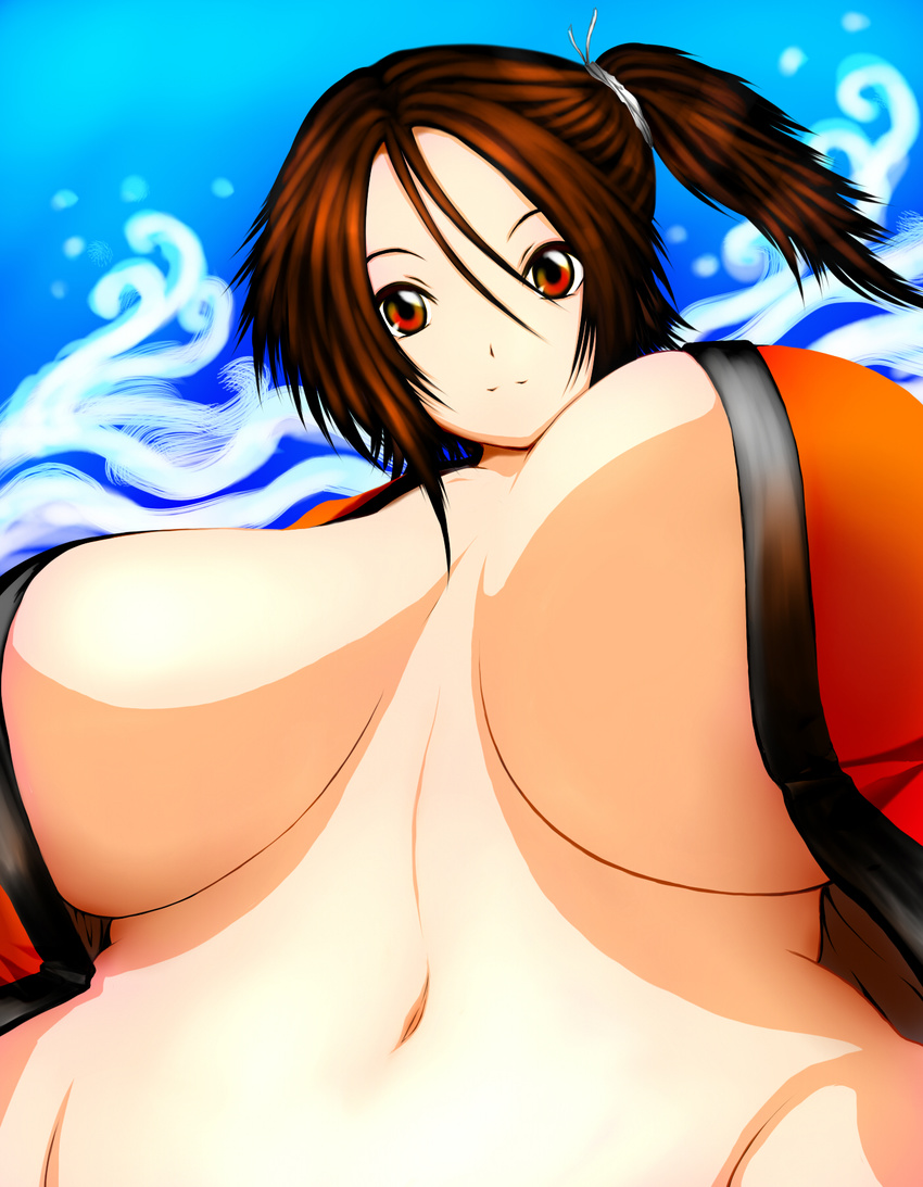 breasts brown_hair cleavage curvy festival from_below hair_intakes highres hips huge_breasts japanese_clothes kimono mound_of_venus navel no_bra open_clothes original perky_breasts red_eyes short_hair side_ponytail standing tsukasawa_takamatsu tsukazawa upper_body wide_hips