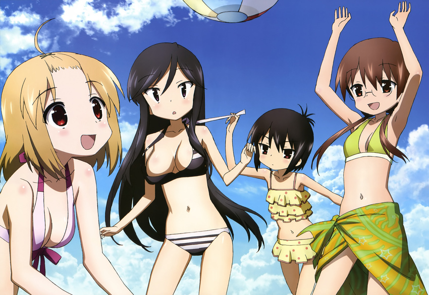 a_channel absurdres ahoge arms_up assisted_exposure ball beachball bikini black_hair breasts brown_hair cleavage cloud day glasses highres ichii_tooru medium_breasts momoki_run multiple_girls nishi_yuuko no_nipples non-web_source nyantype official_art open_mouth red_eyes sasaki_masakatsu scan sky striped striped_bikini striped_swimsuit swimsuit tennouji_nagisa