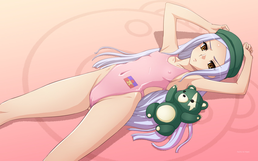 armpits cabbie_hat cameltoe competition_swimsuit covered_nipples flat_chest gundam gundam_00 hat lavender_hair lying one-piece_swimsuit solo soma_peries stuffed_animal stuffed_toy swimsuit tadano_akira teddy_bear wallpaper