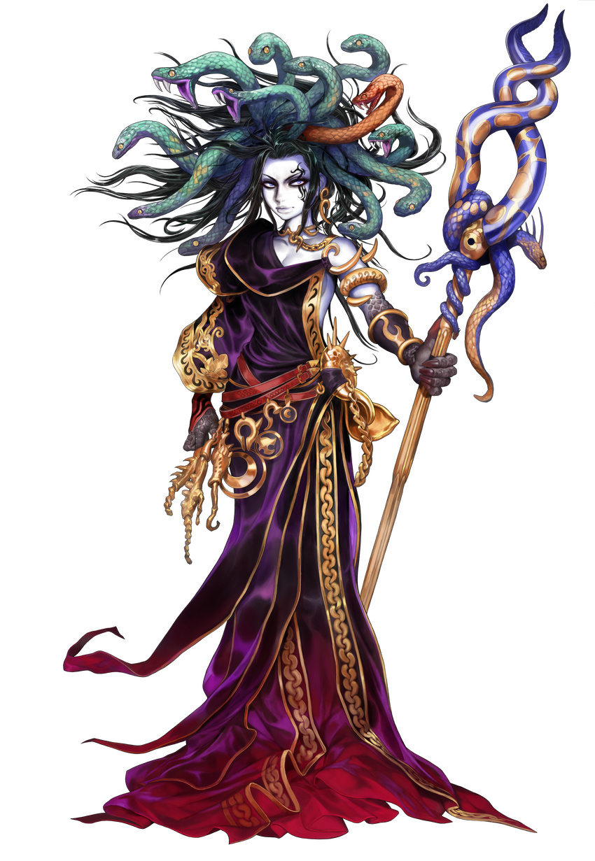 absurdres black_hair blue_eyes dress full_body goddess gorgon highres hirooka_masaki kid_icarus kid_icarus_uprising lips long_hair medusa_(kid_icarus) monster_girl official_art snake solo staff tattoo transparent_background