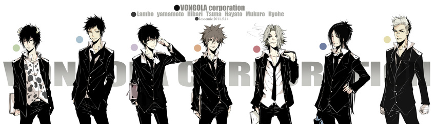 adjusting_eyewear bad_id bad_pixiv_id black_hair brown_hair character_name formal glasses gokudera_hayato hands_in_pockets hibari_kyouya highres horns katekyo_hitman_reborn! lambo lineup male_focus multiple_boys rokudou_mukuro sasagawa_ryohei sawada_tsunayoshi school_uniform silver_hair smoking suit wavesheep white_hair yamamoto_takeshi