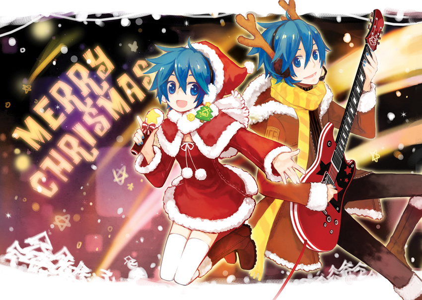 1girl :d antlers blue_eyes blue_hair blue_nails boots brown_footwear capelet christmas coat dress dual_persona earmuffs fur_trim genderswap genderswap_(mtf) guitar hat horns instrument kaiko kaito merry_christmas microphone music nail_polish open_mouth pom_pom_(clothes) santa_costume santa_hat scarf short_hair singing smile striped striped_scarf thighhighs verus vocaloid white_legwear yellow_scarf
