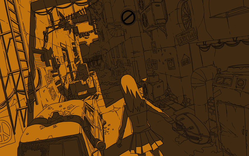 a.hebmuller air_conditioner alley bad_id bad_pixiv_id bag car clothesline duffel_bag dutch_angle from_behind ground_vehicle ladder license_plate monochrome motor_vehicle original peace_symbol scenery school_uniform sepia solo