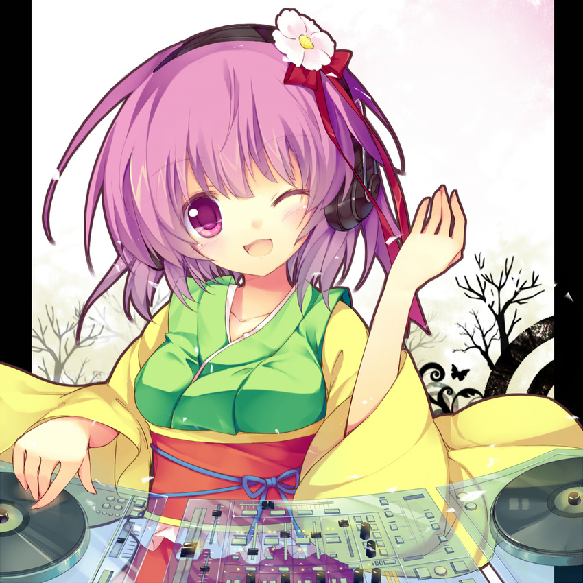 bad_id bad_pixiv_id breasts dj flower hair_flower hair_ornament headphones hieda_no_akyuu japanese_clothes kimono looking_at_viewer medium_breasts one_eye_closed purple_eyes purple_hair short_hair smile solo touhou transparent upper_body yayin_(yayin233)