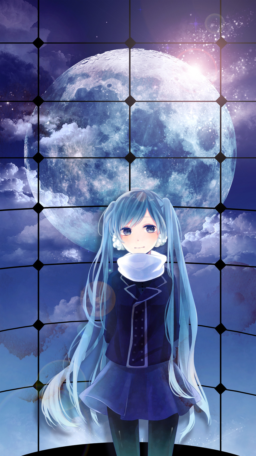 absurdres arms_behind_back bad_id bad_pixiv_id black_legwear blue_eyes blue_hair cloud earmuffs full_moon hatsune_miku highres ichinose_(sorario) jacket lens_flare light_smile long_hair moon night night_sky pantyhose scarf sky solo twintails vocaloid window winter_clothes